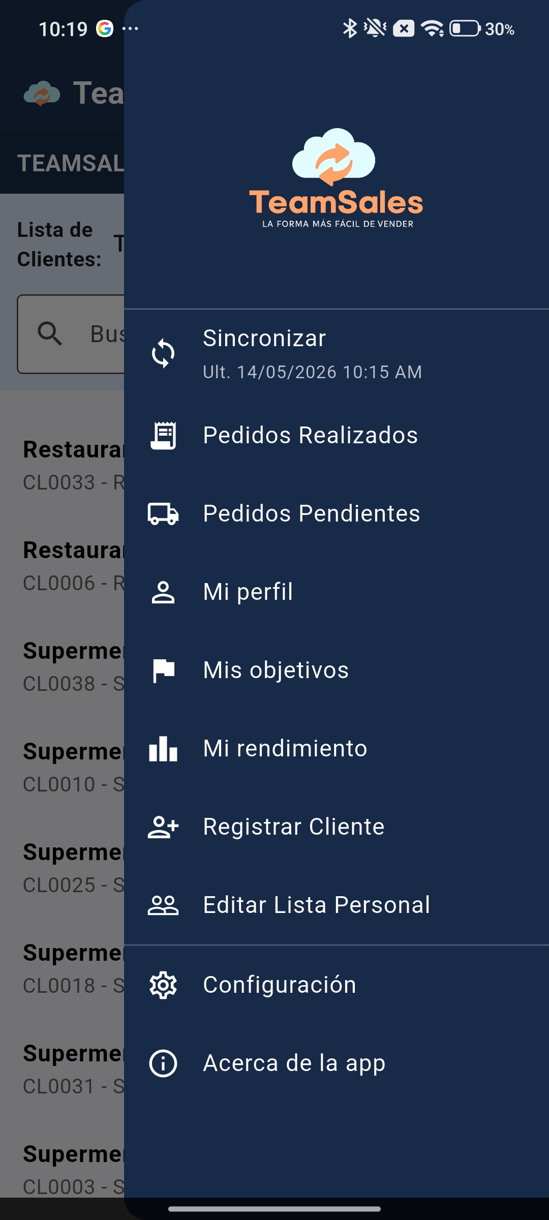 Menú principal — TeamSales
